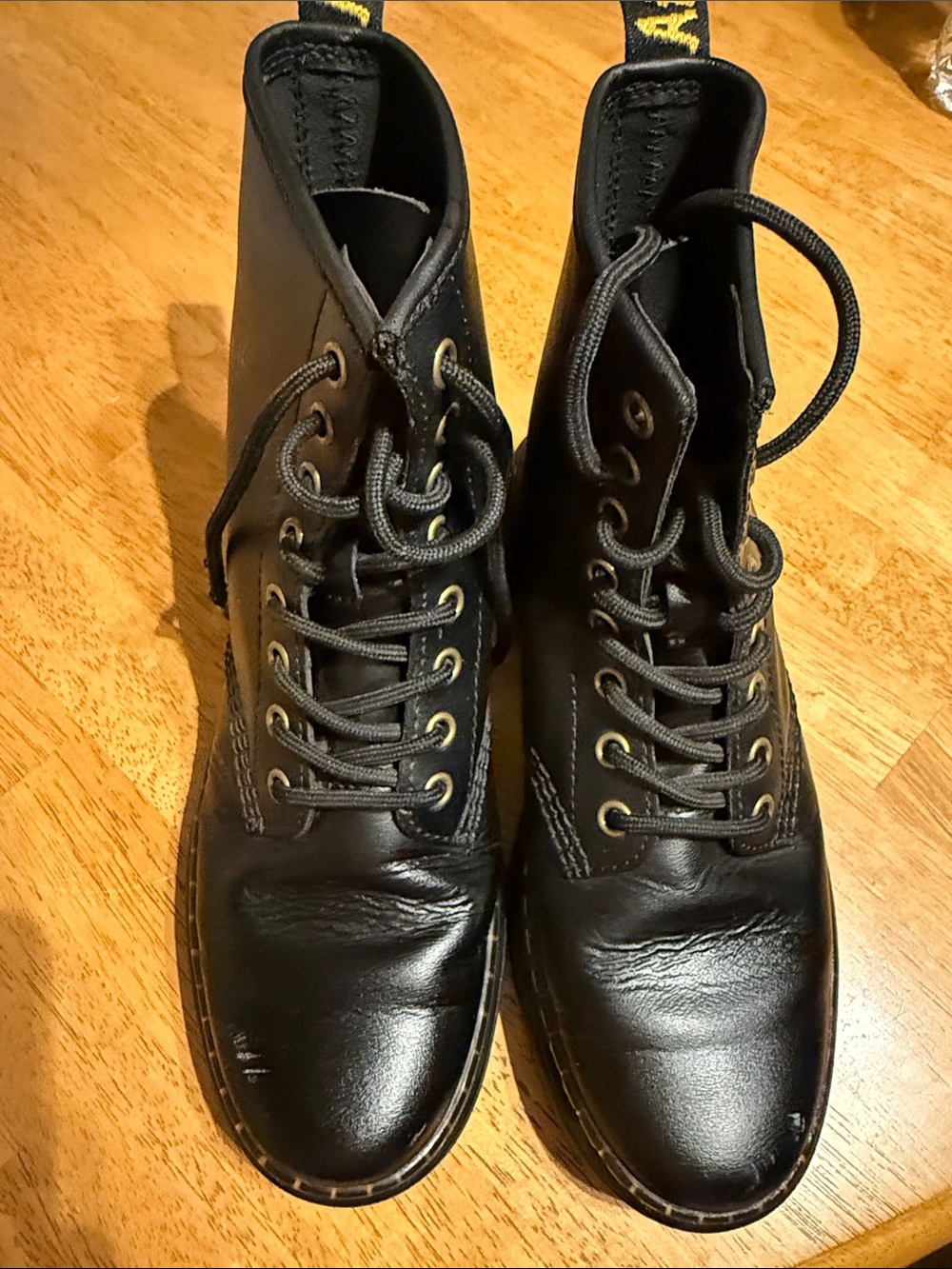 Dr. Martens Black Leather Lace-Up Boots with Yellow Heel Loop